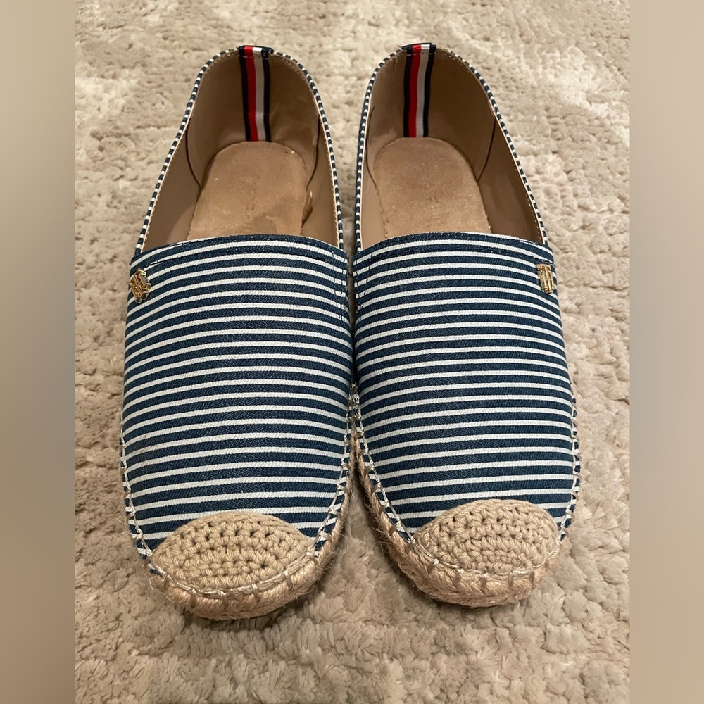 Tommy Hilfiger Blue and White Striped Flats
